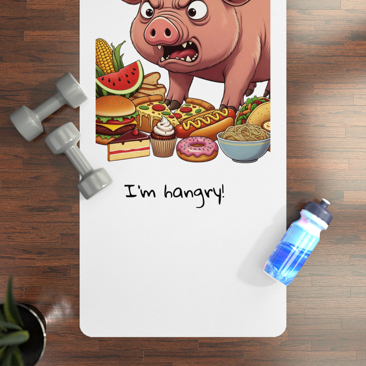 Rubber Yoga Mat — "I'm Hangry" Cartoon Pig Funny Animal Yoga Mat