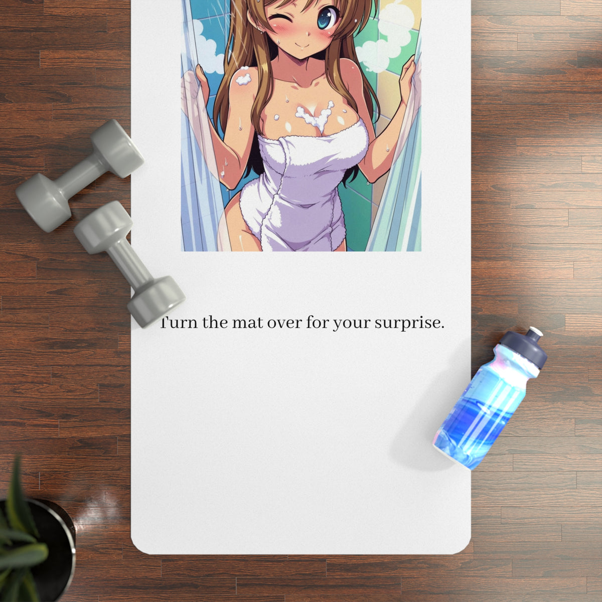 Anime Shower Girl Rubber Yoga Mat | Cute Bath Illustration, Texted Design